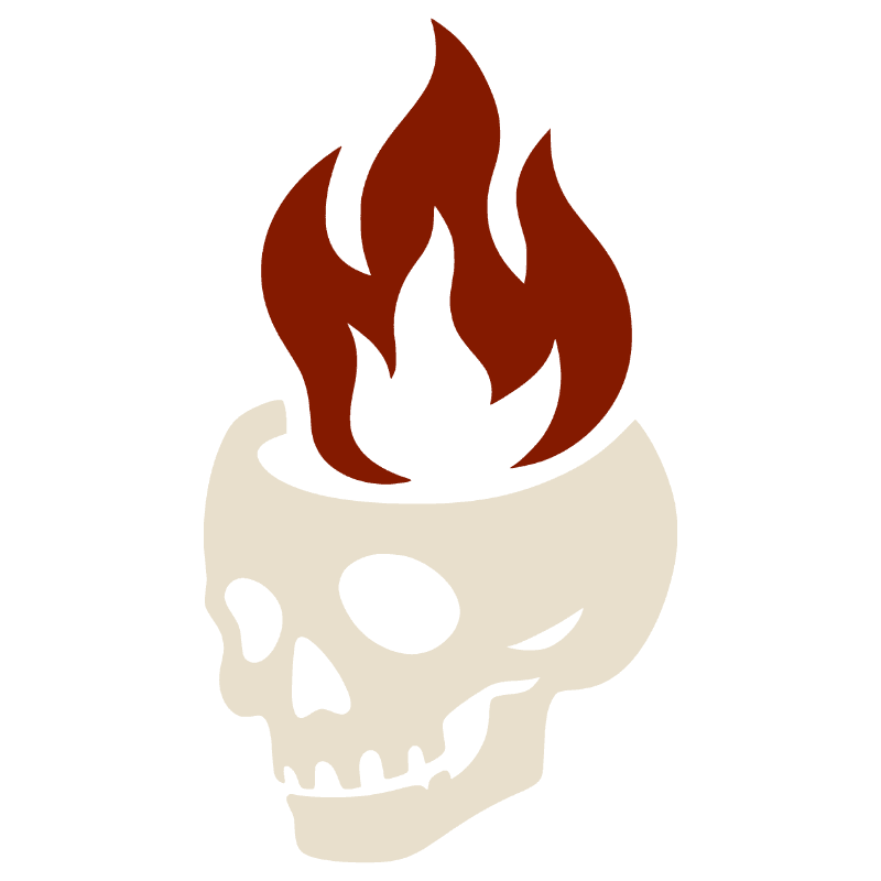 Ivory and red emblem of the Mourning Flame, depicting a skull crowned with flame.