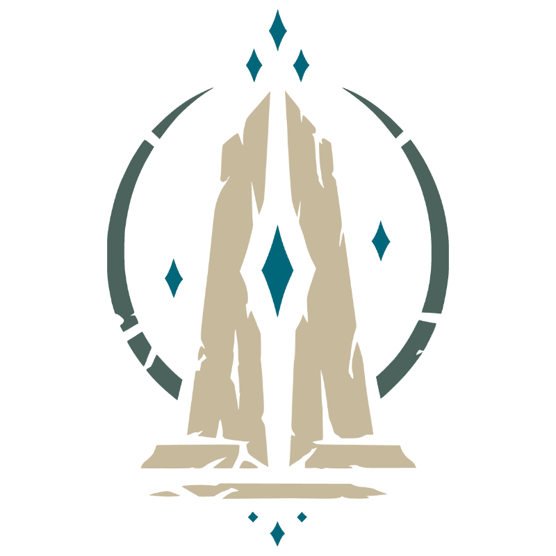 Stone, teal, and blue emblem of the Nightkeepers, showing a standing stone within a circular mark with blue star-like accents.