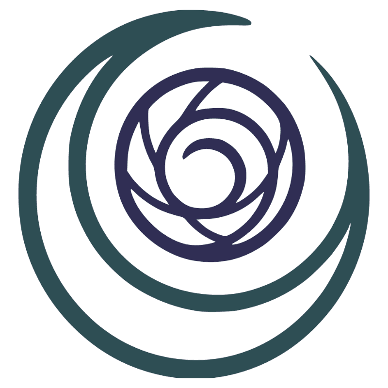 Teal and violet emblem of the Veilbound Circle, showing a spiral enclosed by a crescent-like ring.