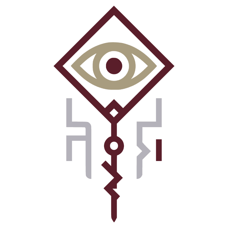 Maroon, cream, and grey emblem of the Whisperbrand, showing a stylised eye within a diamond-shaped sigil.