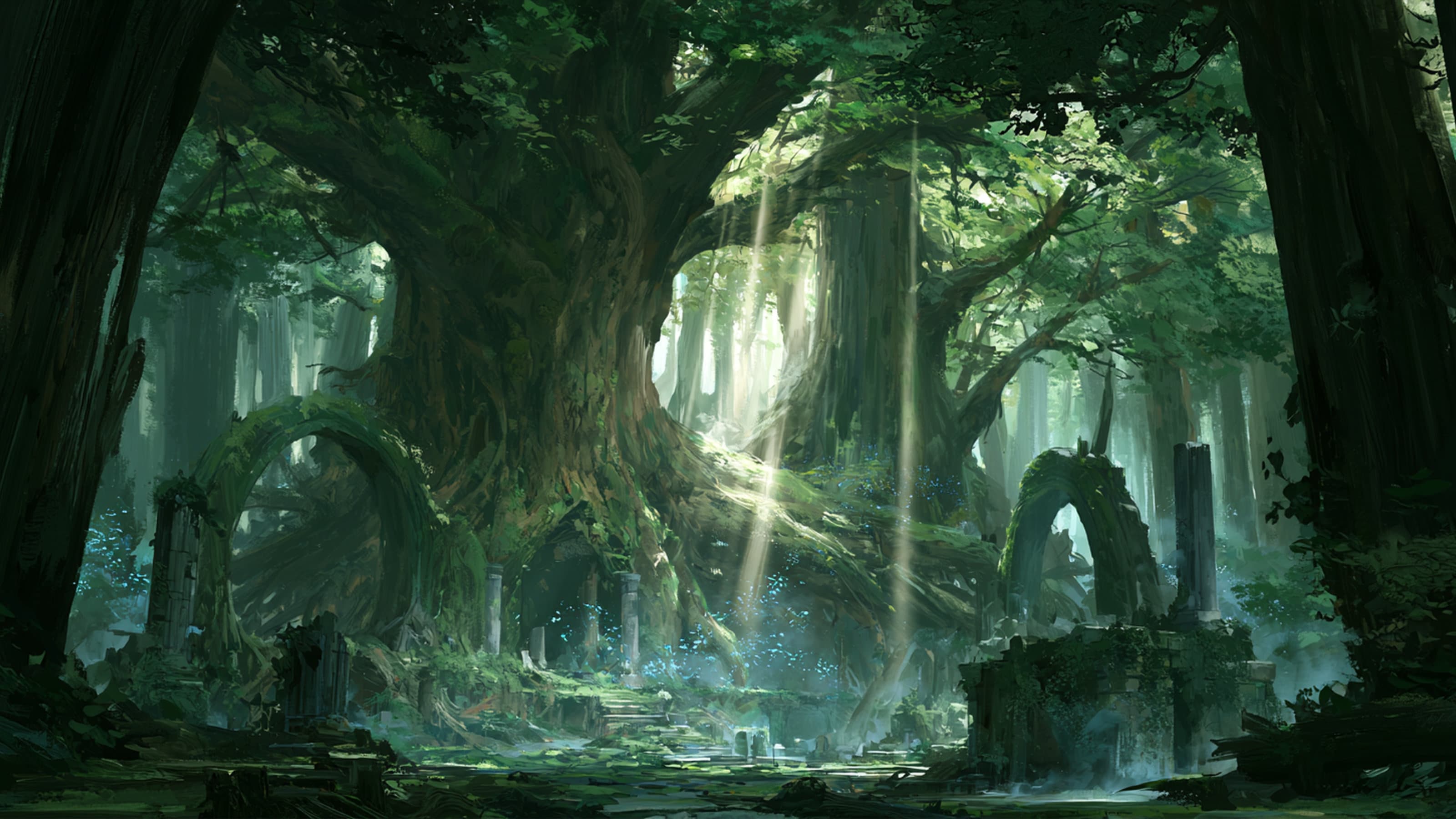 Ancient trees and overgrown stone ruins deep within the dense green Ashveil Forest, illuminated by shafts of sunlight.