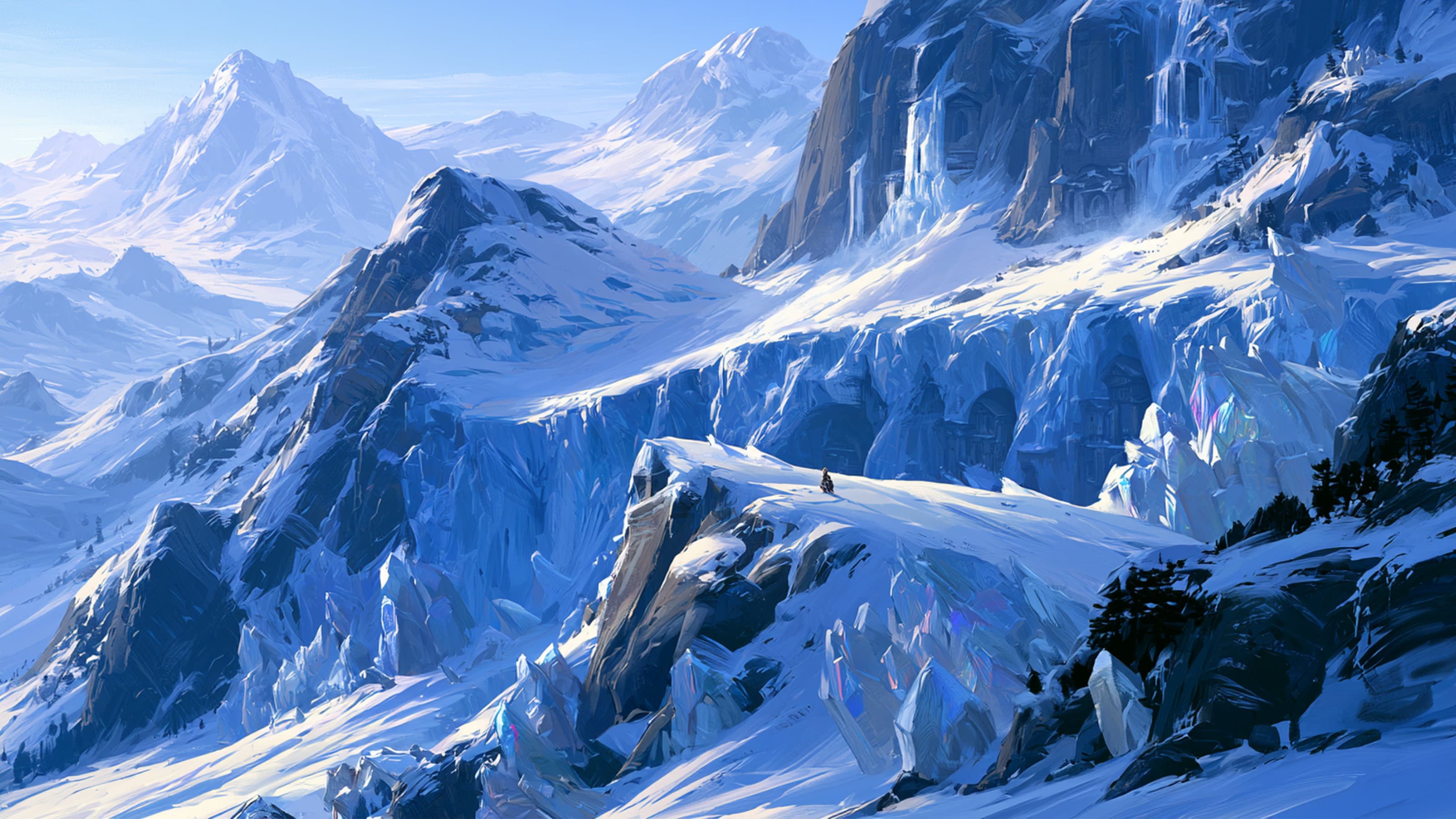 Snow-covered peaks and icy cliffs of the Frostlight region, with a lone traveller crossing a high mountain ledge.