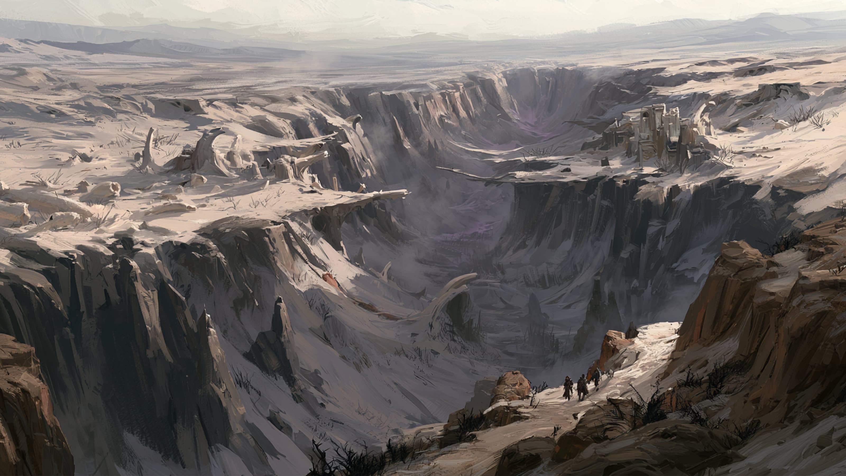 Travellers descending into the vast barren ravines and sheer eroded cliffs of the Hollowlow Expanse.
