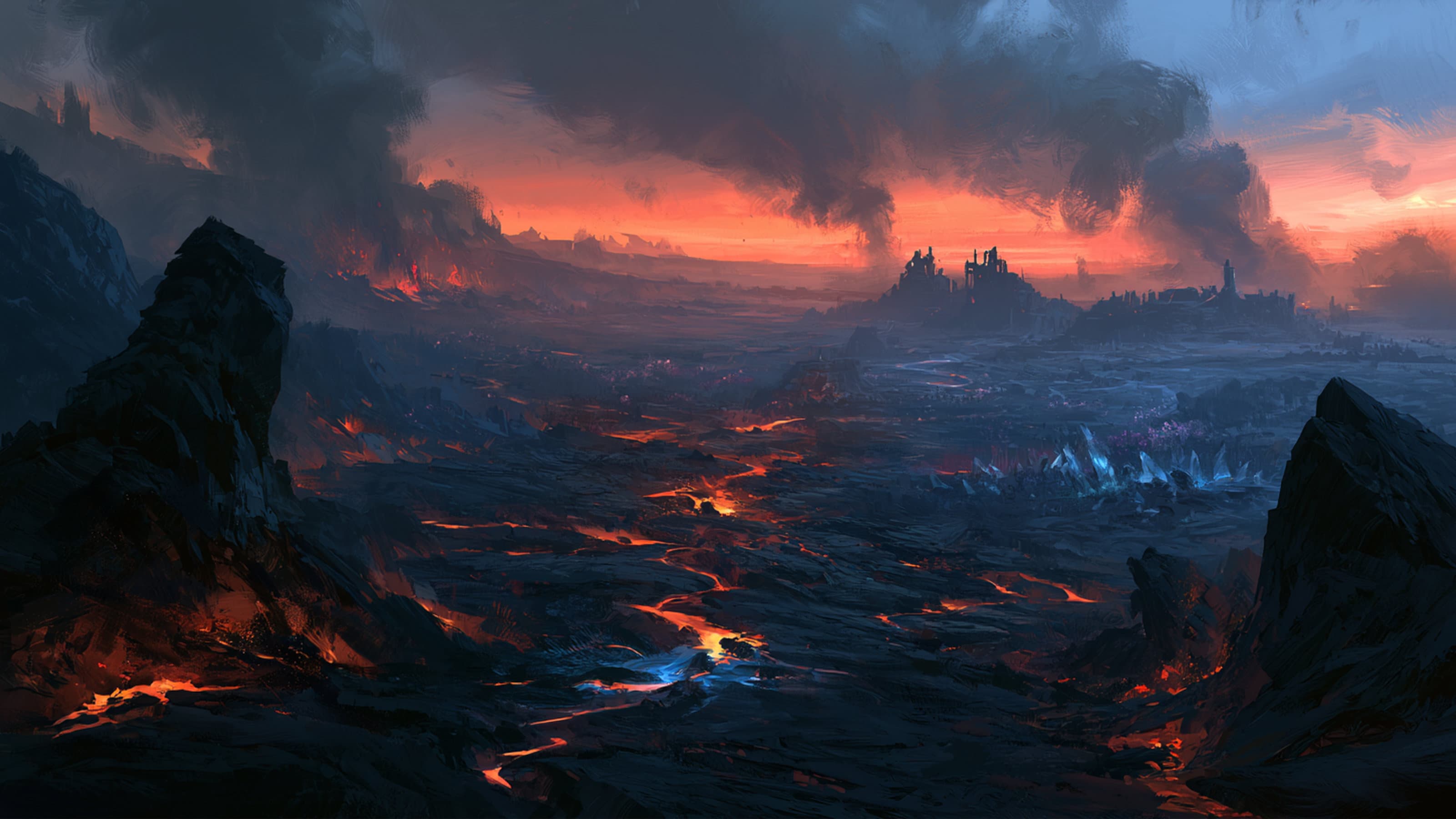 The scorched landscape of Scorchbarrow beneath a fiery red sky, with ruined settlements, smoke, and glowing fractures across the ground.