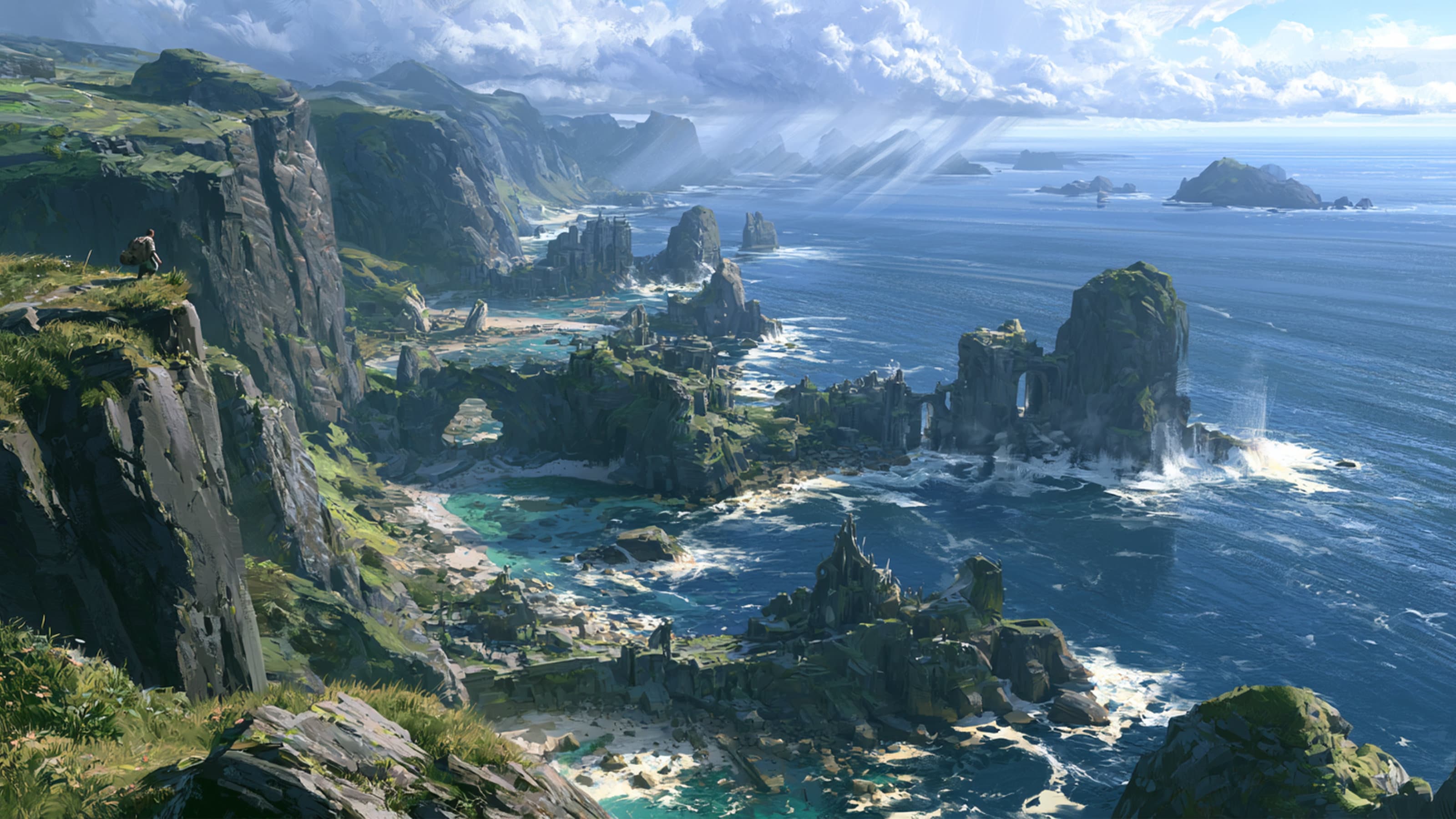 Rugged green cliffs and ancient coastal ruins overlooking the blue waters and rocky islands of the Sundered Coast.