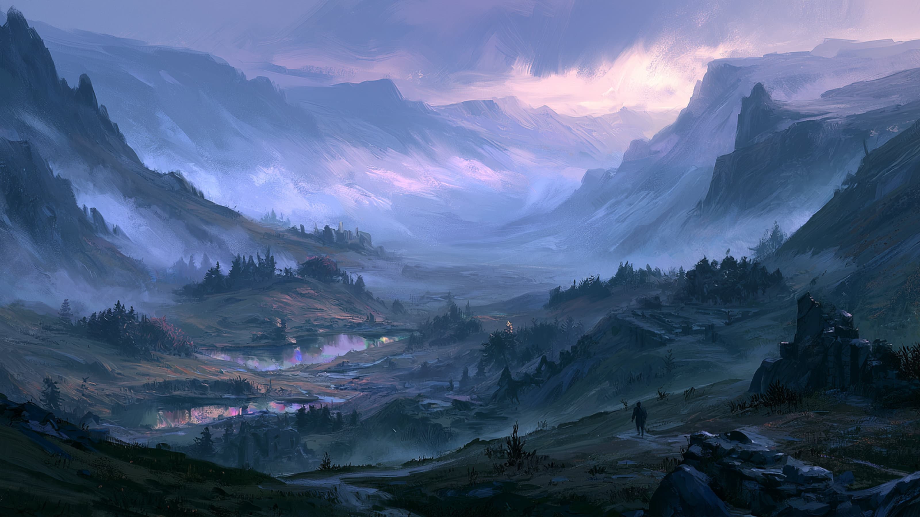 A lone traveller crossing the misty Shrouded Vale, surrounded by dark hills, ruined structures, and pools reflecting violet light.