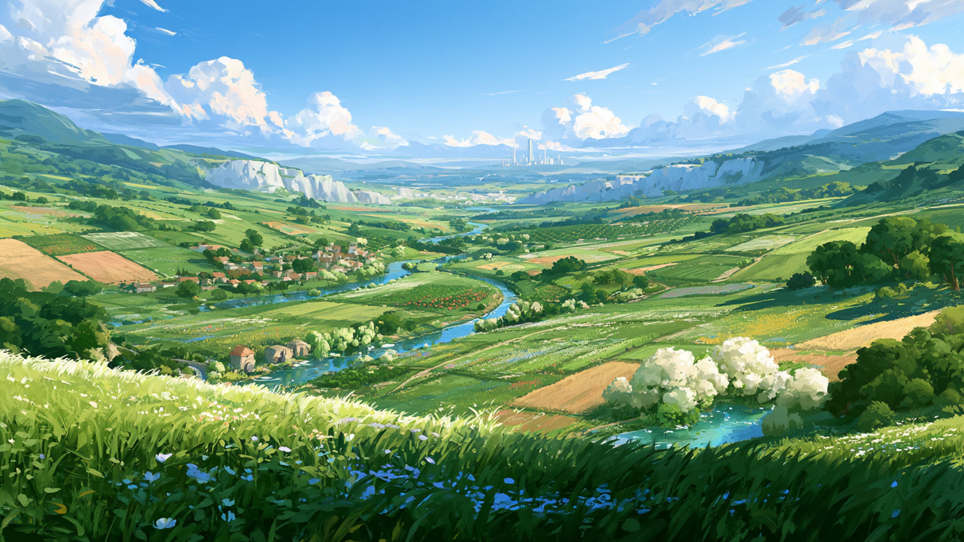 Fertile farmland, rivers, villages, and rolling green hills across Va’ndrelys before the devastation of the Shatterwake.