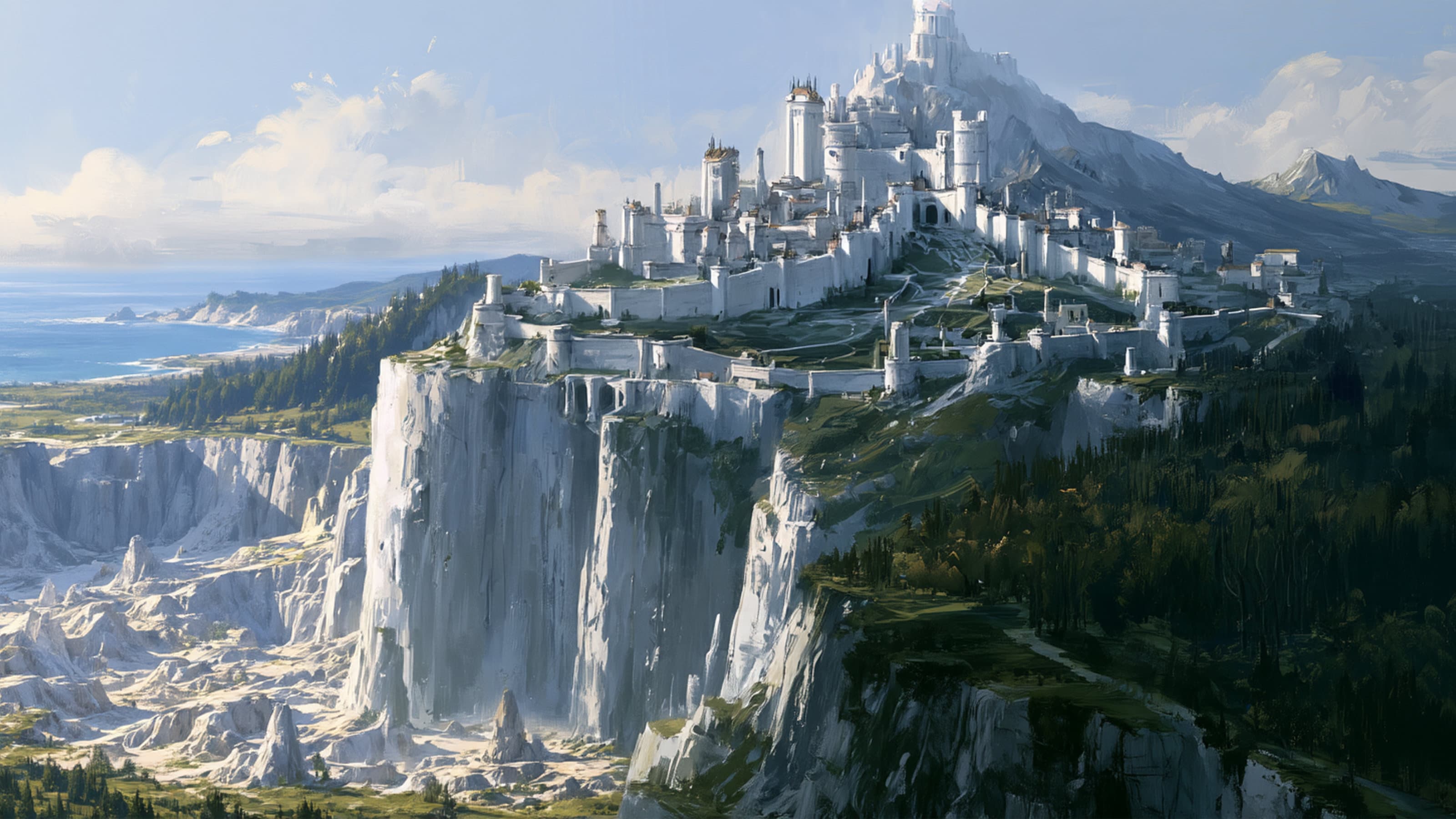 The white city of Virelyth rising along a mountain above immense cliffs, with the Hollowlow below, forest to the east, and distant western coast.