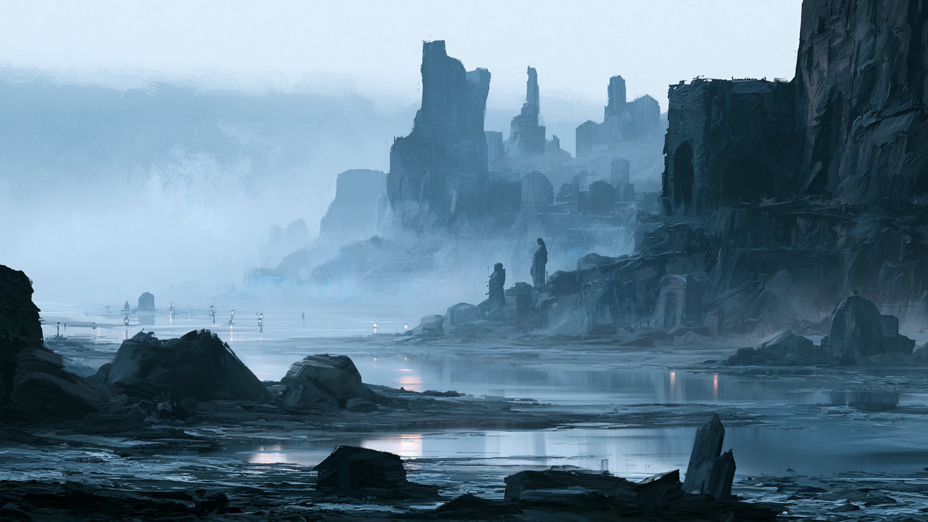 Fog-covered ruins and dark rocky shores along the Weeping Shore, with shallow water reflecting scattered lights among the remains.