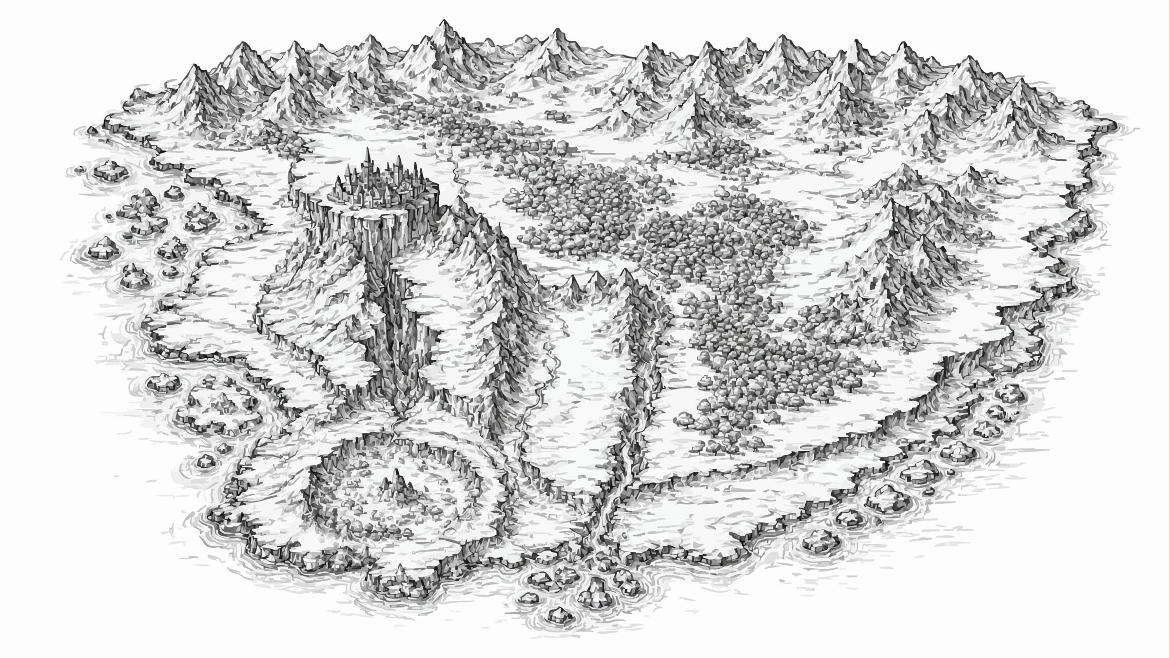 Illustrated map of Arynbel showing mountain ranges, forests, coastlines, settlements, and major landforms.