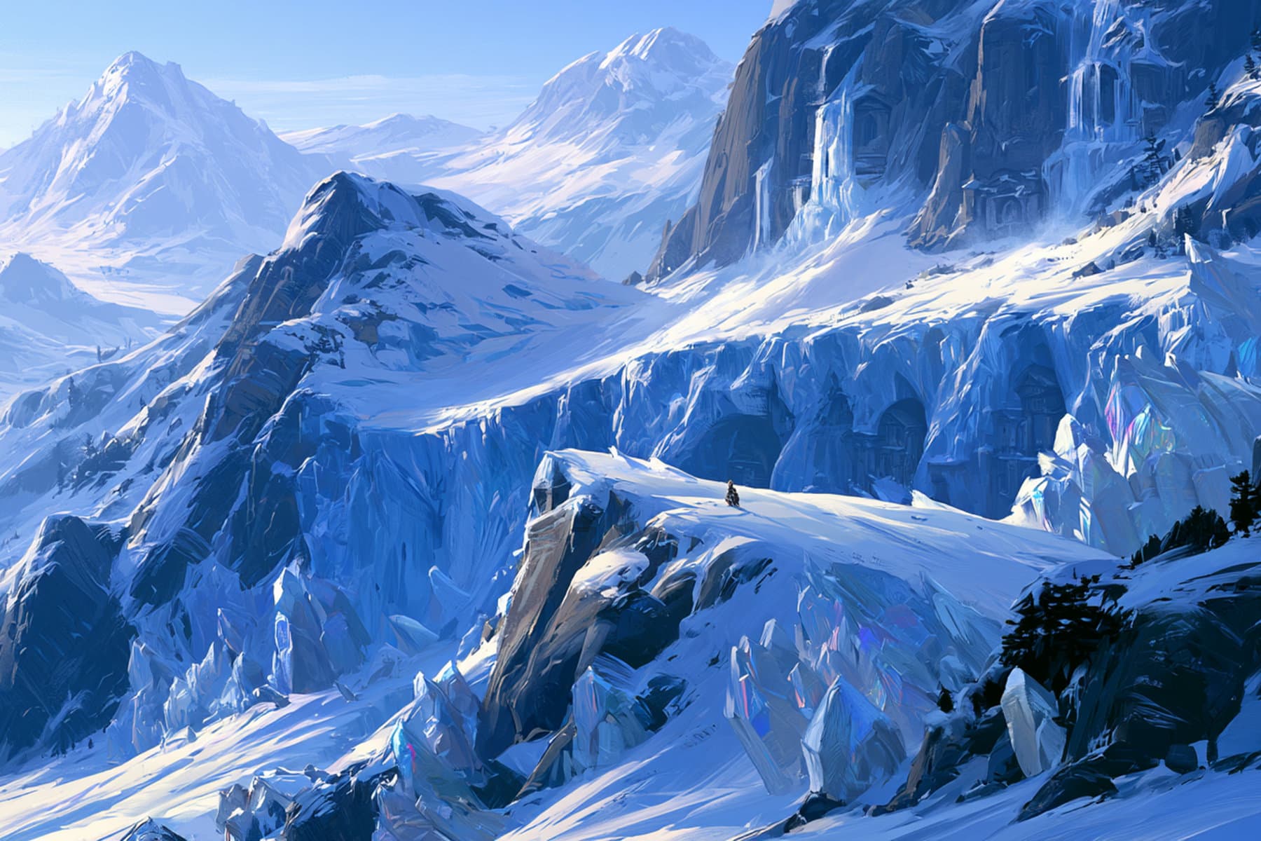 Snow-covered mountain valleys and frozen cliffs of Frostlight.