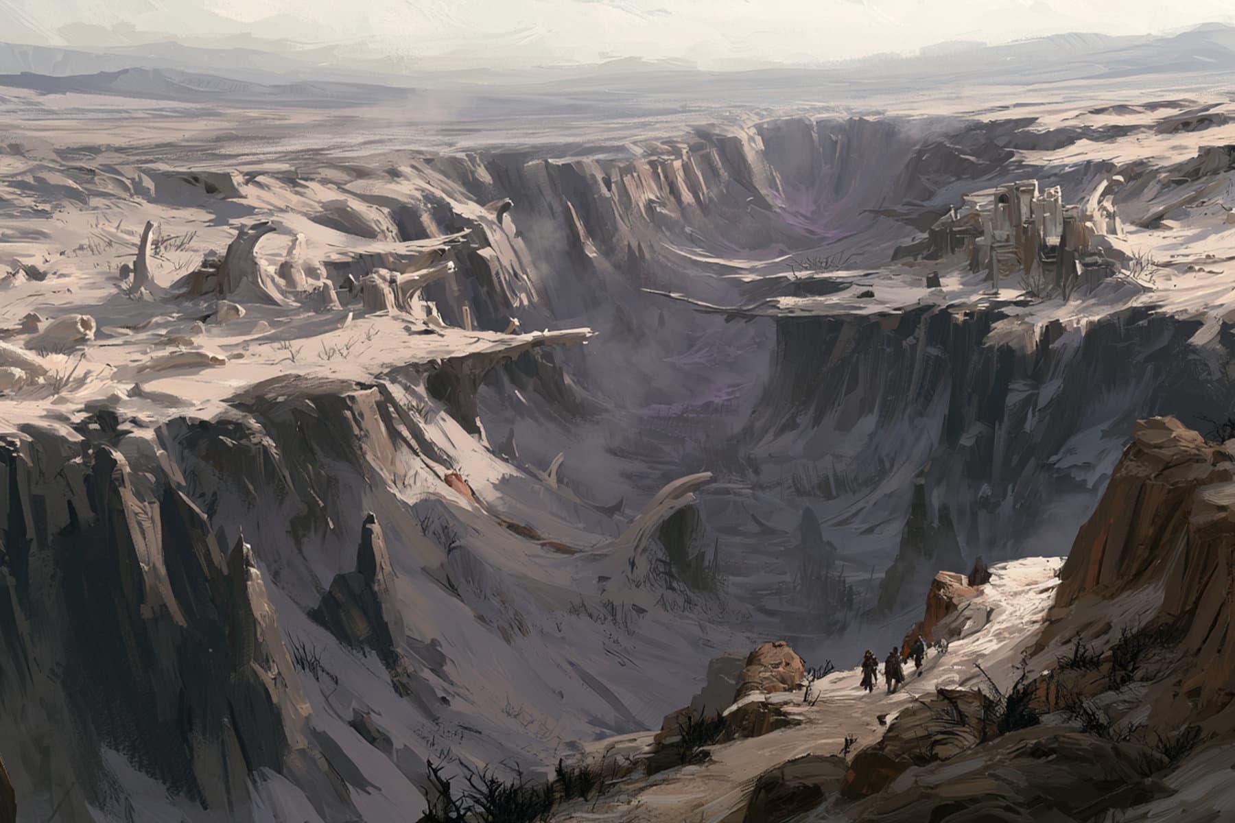 A vast eroded landscape of cliffs and ravines in the Hollowlow.