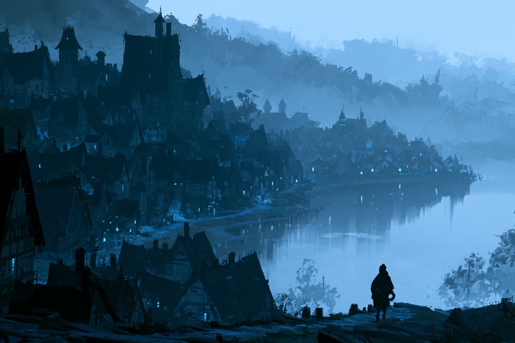 A village beside still waters beneath the blue mist of the Shrouded Vale.