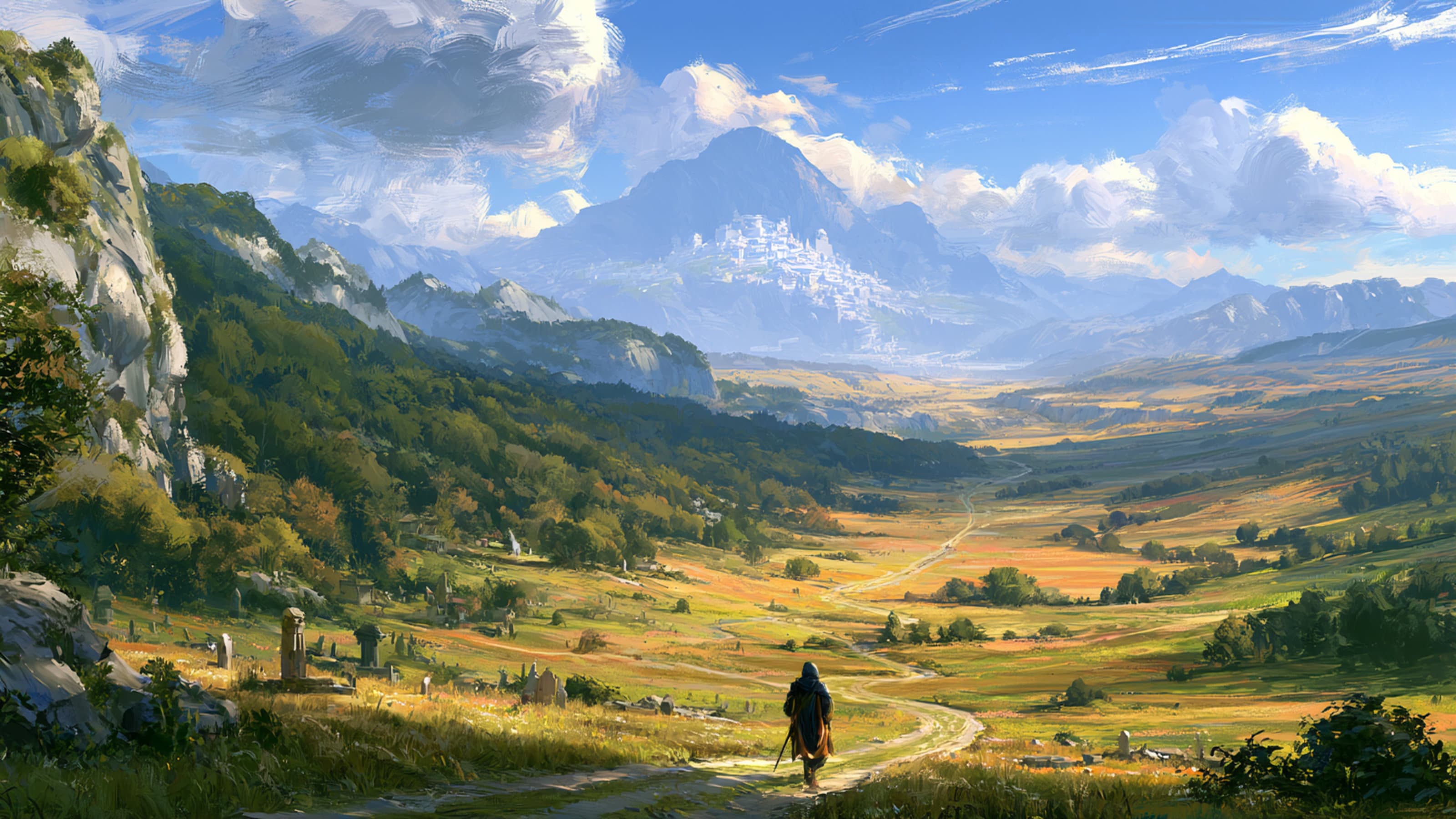 A traveller walking through a broad valley toward a distant mountain city in Arynbel.