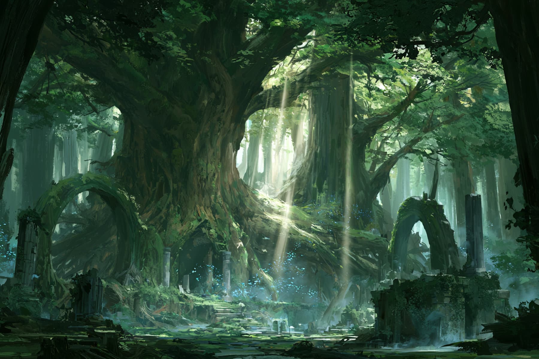 Ancient trees and overgrown stone ruins deep within the dense green Ashveil Forest, illuminated by shafts of sunlight.