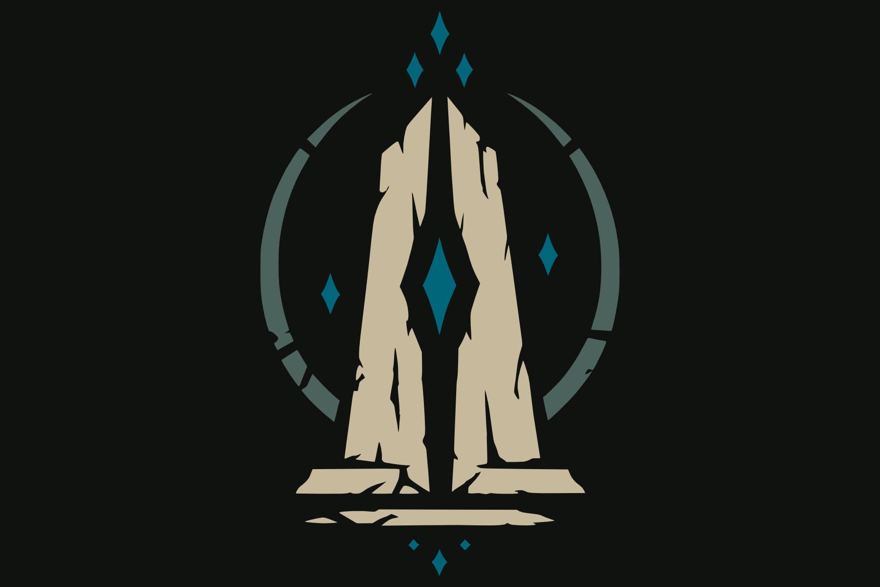 Stone, teal, and blue emblem of the Nightkeepers, showing a standing stone within a circular mark with blue star-like accents.