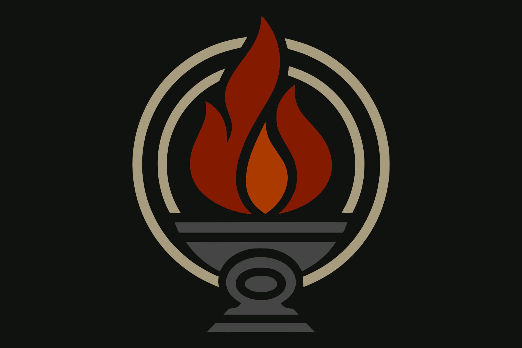 Red, gold, and grey emblem of Sanctum Ash, depicting a brazier holding a flame.
