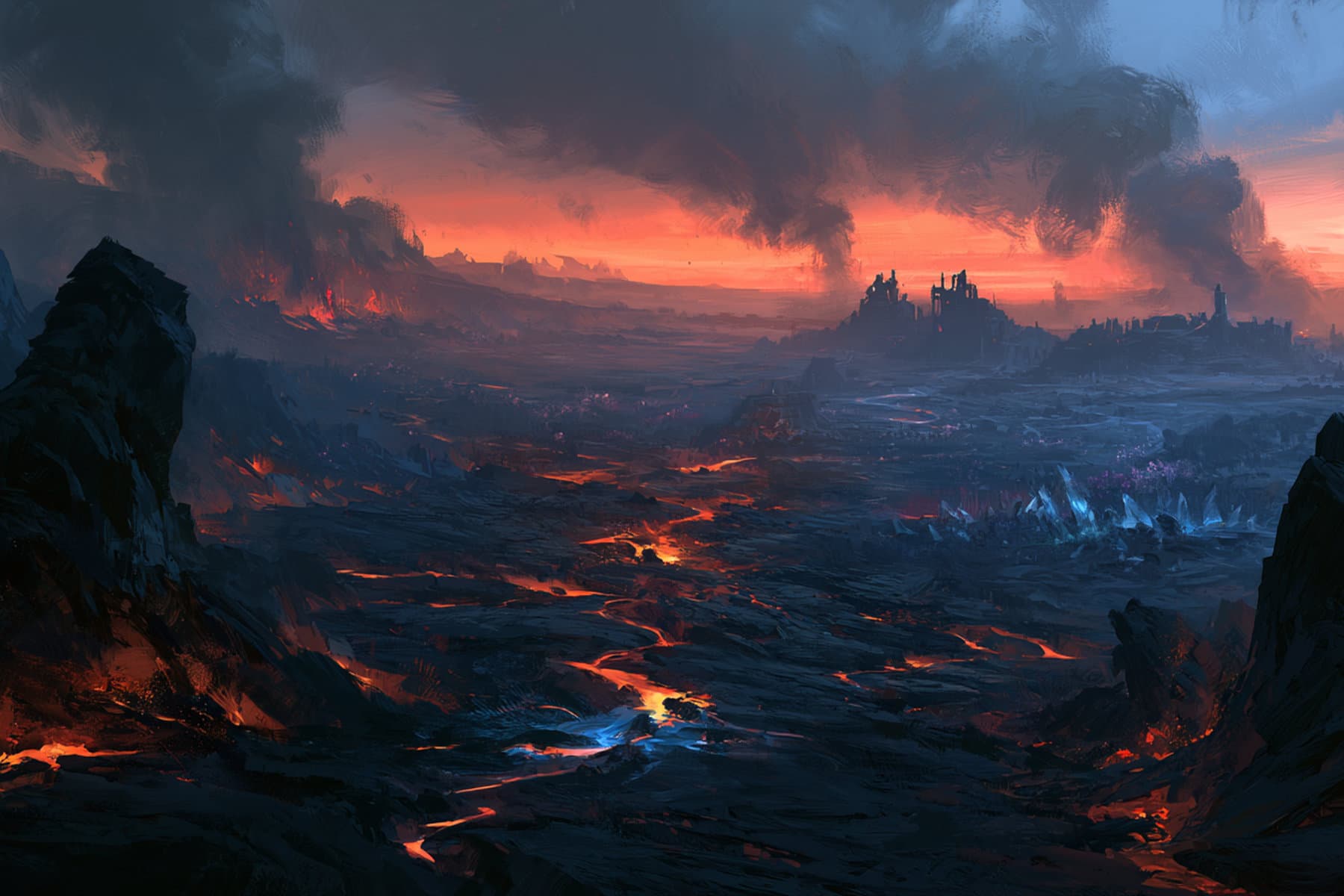 The scorched landscape of Scorchbarrow beneath a fiery red sky, with ruined settlements, smoke, and glowing fractures across the ground.