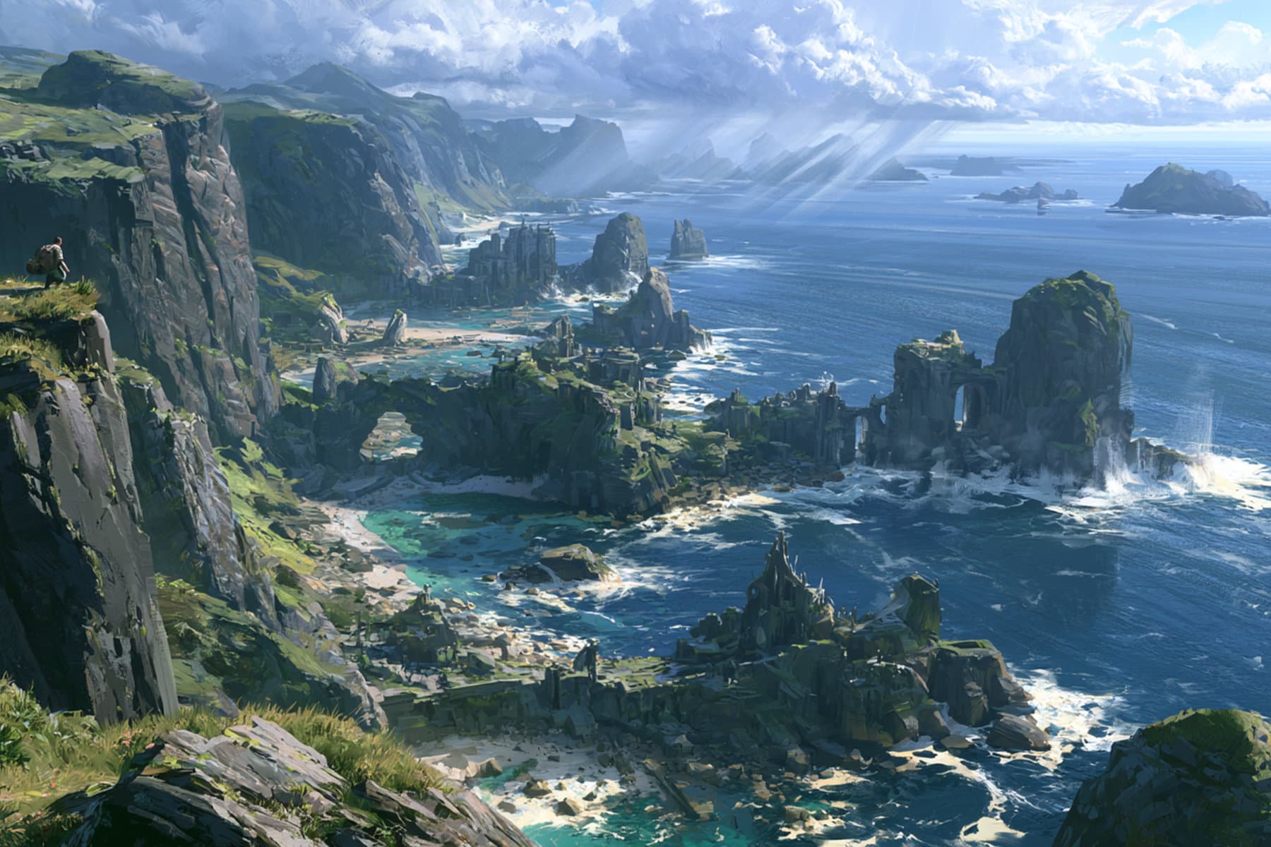 Rugged green cliffs and ancient coastal ruins overlooking the blue waters and rocky islands of the Sundered Coast.