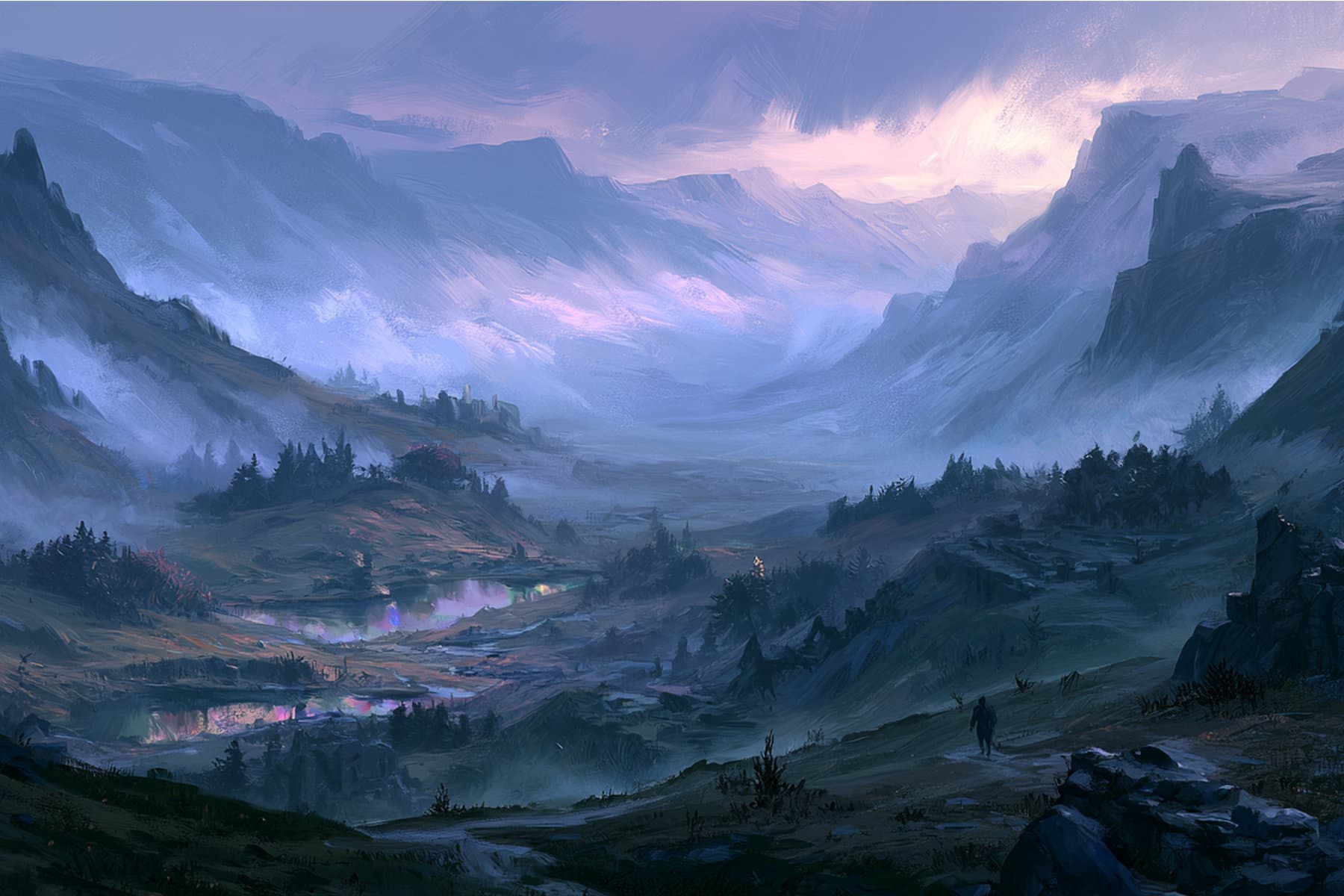A lone traveller crossing the misty Shrouded Vale, surrounded by dark hills, ruined structures, and pools reflecting violet light.