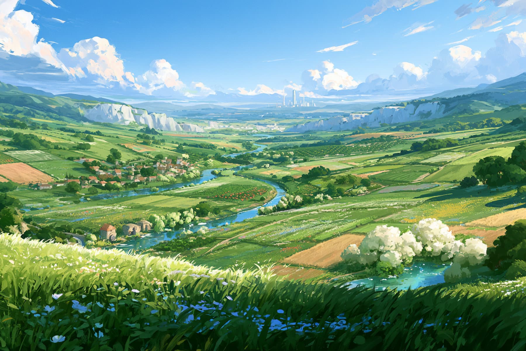 Fertile farmland, rivers, villages, and rolling green hills across Va’ndrelys before the devastation of the Shatterwake.