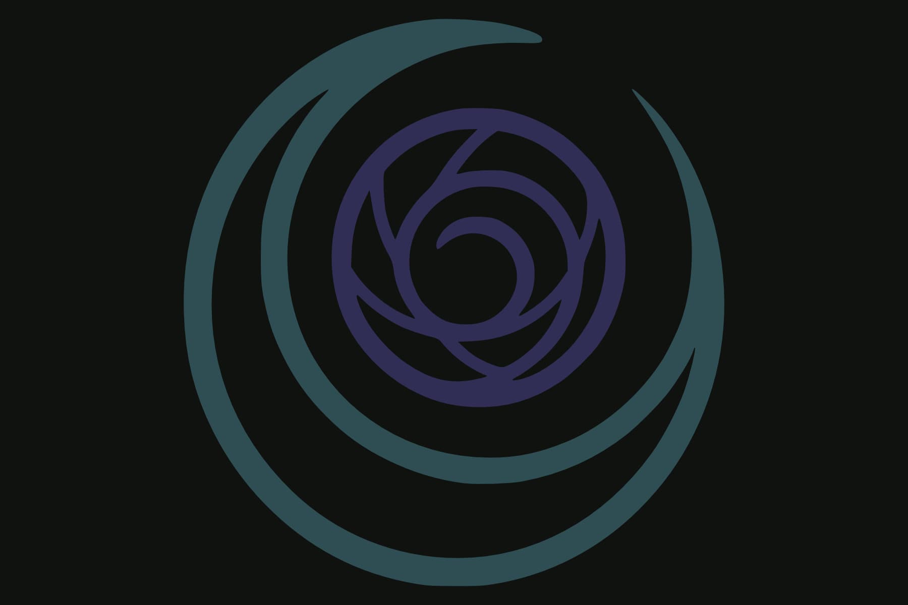 Teal and violet emblem of the Veilbound Circle, showing a spiral enclosed by a crescent-like ring.