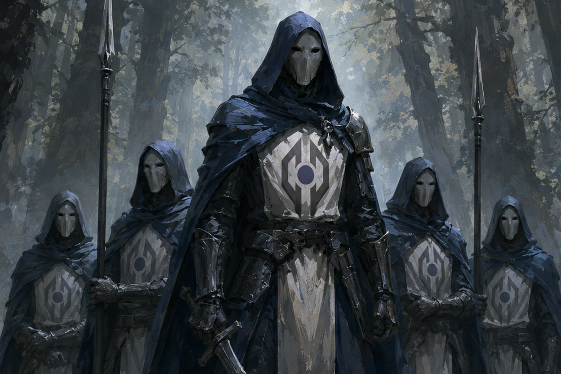 A group of masked Veilbreakers in blue cloaks standing armed in a forest.