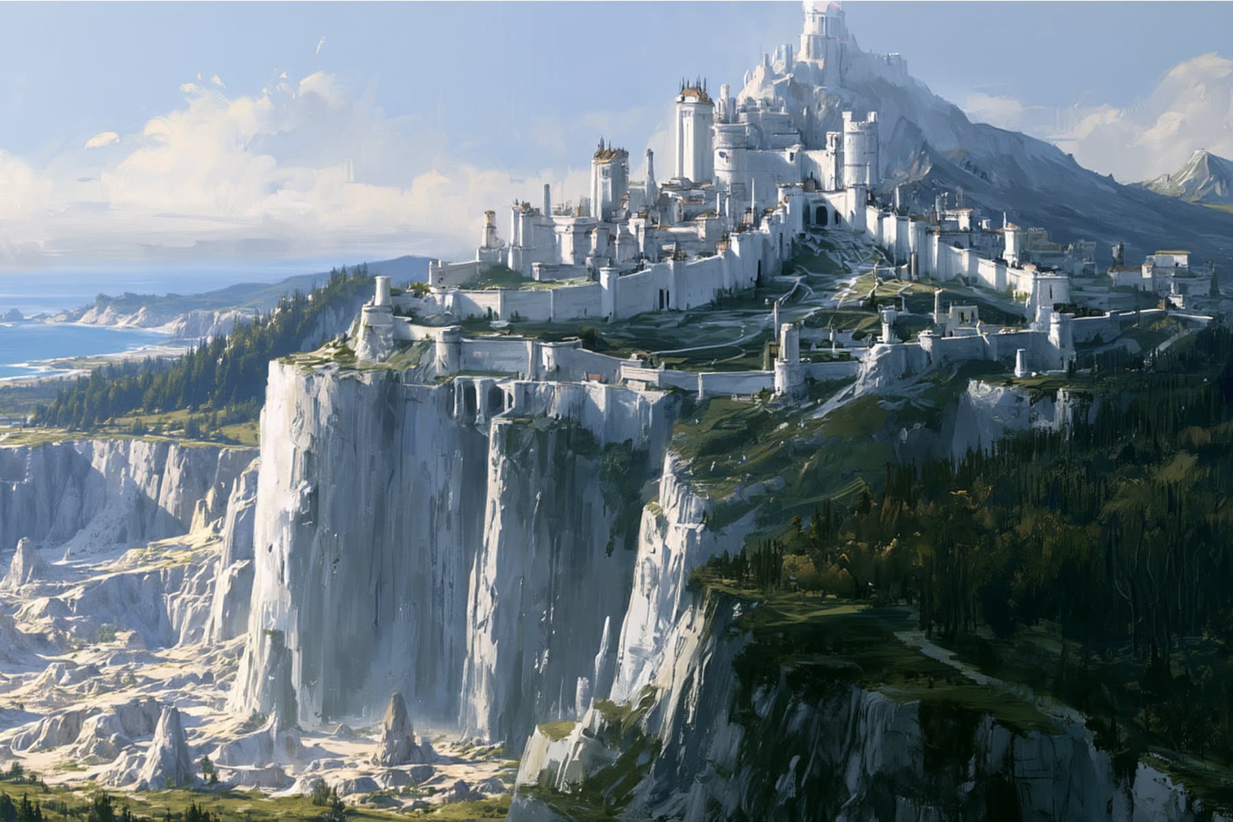 The white city of Virelyth rising along a mountain above immense cliffs, with the Hollowlow below, forest to the east, and distant western coast.