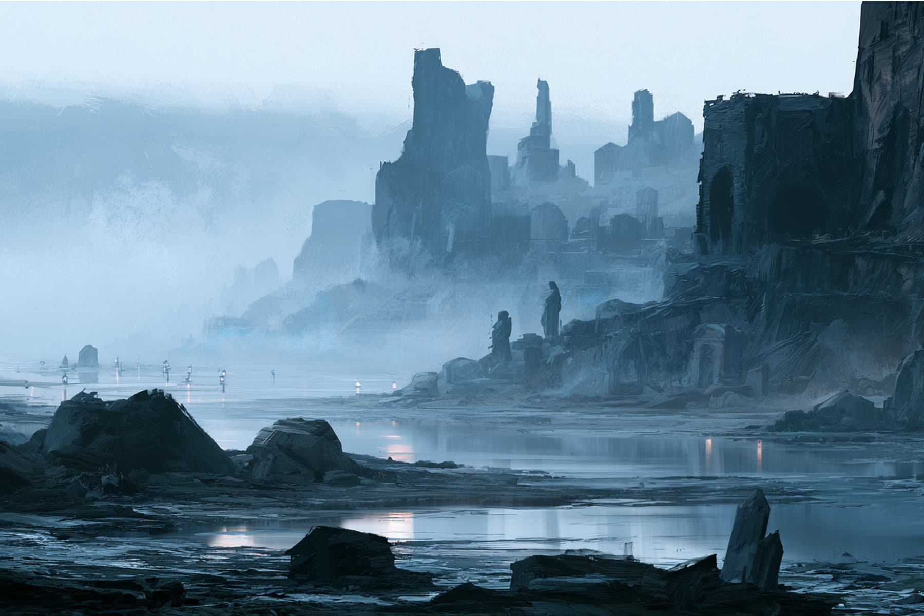 Fog-covered ruins and dark rocky shores along the Weeping Shore, with shallow water reflecting scattered lights among the remains.