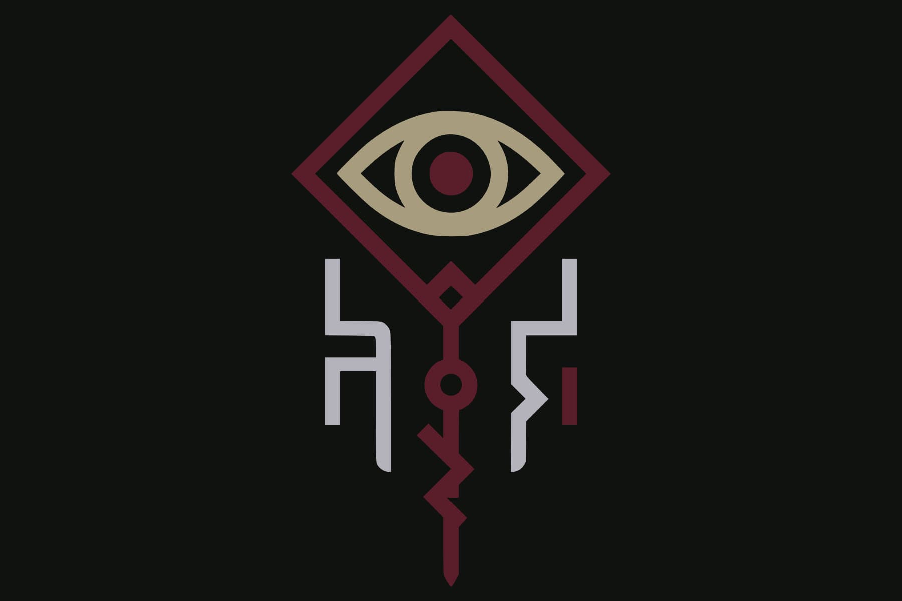 Maroon, cream, and grey emblem of the Whisperbrand, showing a stylised eye within a diamond-shaped sigil.