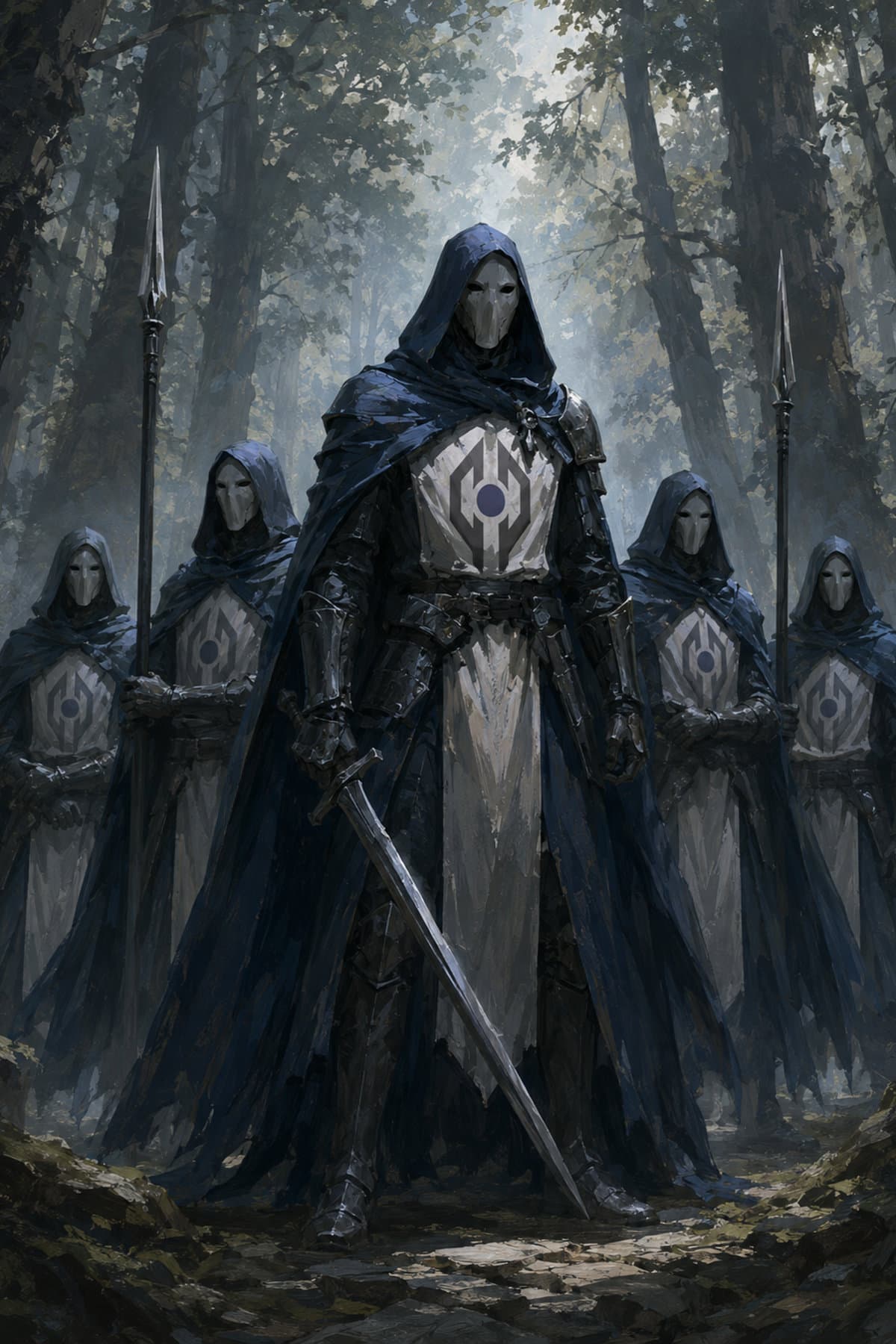 A group of masked Veilbreakers in blue cloaks standing armed in a forest.